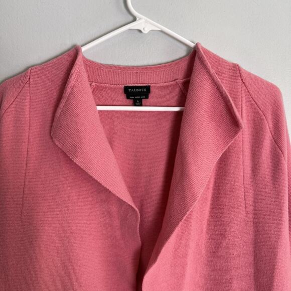 Talbots Womens Pure Merino Wool Cardigan Open Front Pocket Sz L Pink Preppy - Picture 6 of 13